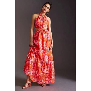 NWT ML Monique Lhuillier Anthropologie Orange Pink Cutout Halter Maxi Dress 8